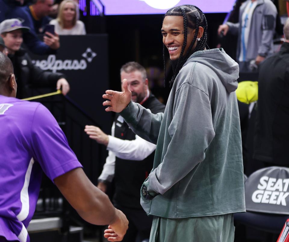 Utah Jazz guard <a class="link " href="https://sports.yahoo.com/nba/players/5357" data-i13n="sec:content-canvas;subsec:anchor_text;elm:context_link" data-ylk="slk:Jordan Clarkson;sec:content-canvas;subsec:anchor_text;elm:context_link;itc:0">Jordan Clarkson</a> (00) smiles after the game with the Nets in Salt Lake City on Monday, Dec. 18, 2023. The Jazz won 125-108. | Jeffrey D. Allred, Deseret News