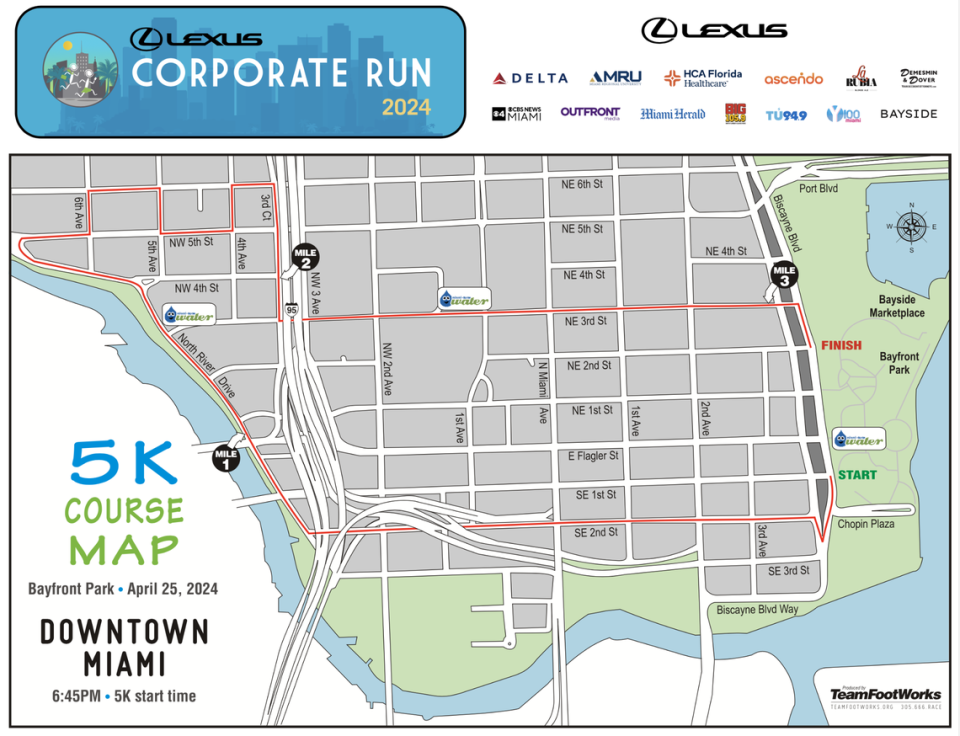 The Lexus 2024 Corporate Run course map for Thursday, April 25, 2024.