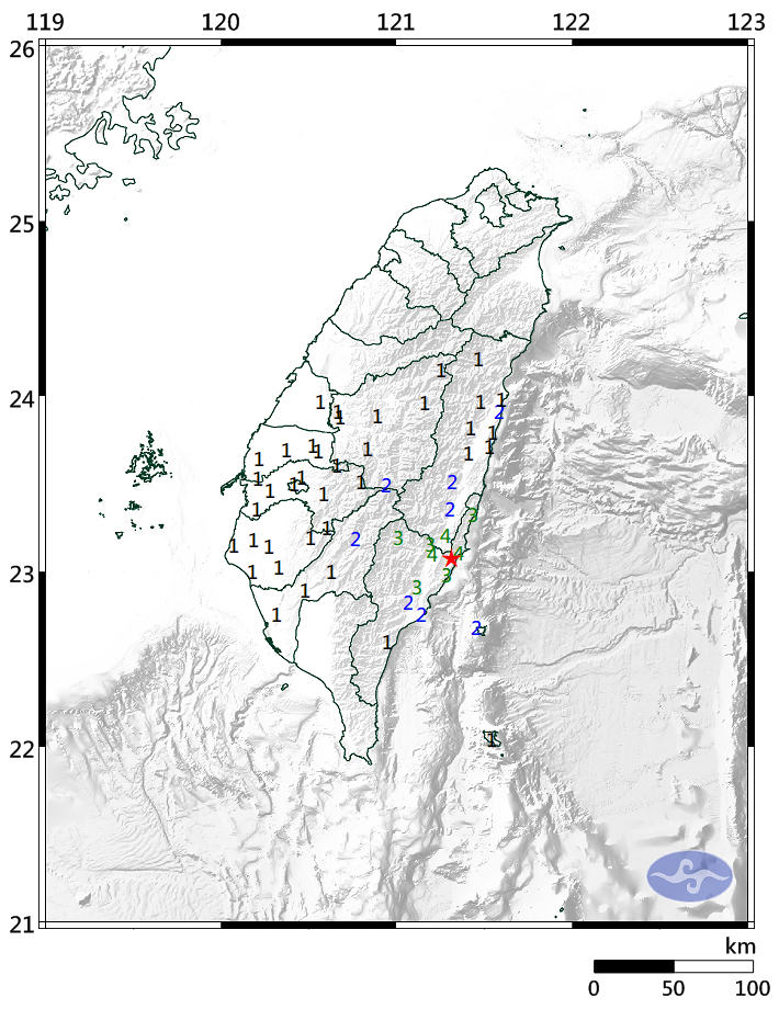 今日早上09：52中央氣象局表示，北緯 23.08度，東經 121.32度即在臺東縣政府北北東方 39.4 公里，台東成功鎮再發生規模4.9有感地震   圖：中央氣象局/提供