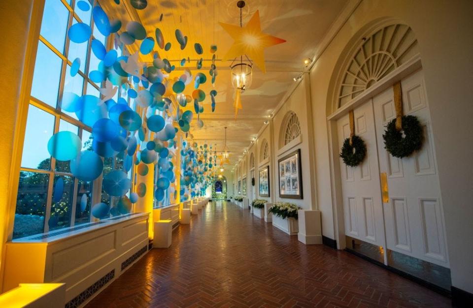 Christmas decorations in the White House East Colonnade in 2021.