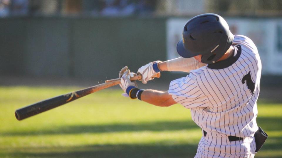 Jake Hixenbaugh breaks his bat on an infield single in the San Luis Obispo Blues’ game against the Santa Barbara Foresters on July 3, 2023.