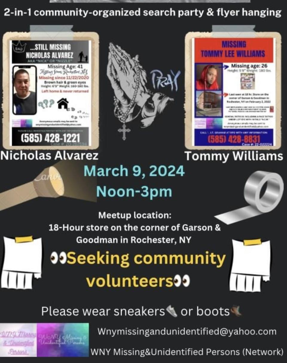 On March 9th, the WNY Missing & Unidentified Persons Network will be hosting a 2-in-1 search party and flyer-hanging event for Tommy Williams and Nicholas Alvarez from 12-3 p.m