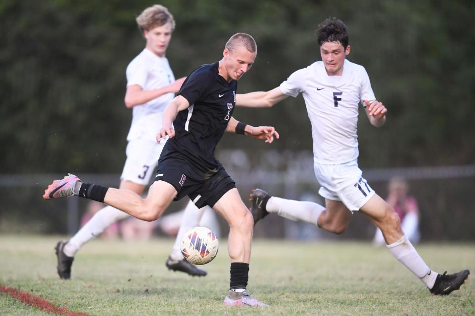 Bearden's Lucas Nordin takes a shot during a 2023 match. The Gatorade Tennessee boys soccer player of the year is also a member of the TSWA all-state team.