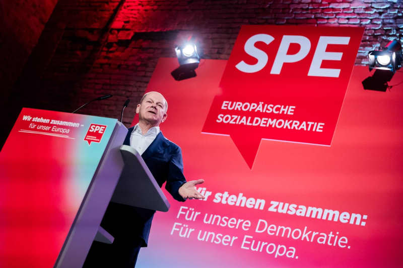 German Chancellor Olaf Scholz speaks at the Democracy Congress of the SPD and the Party of European Socialists (PES). Christoph Soeder/dpa