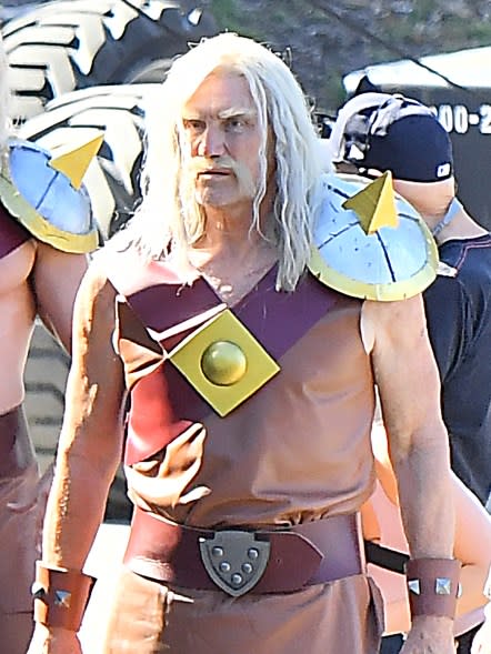 Chris Hemsworth in costume with a sword on his back on the set of a 'Clash Of Clans' commercial in Los Angeles.