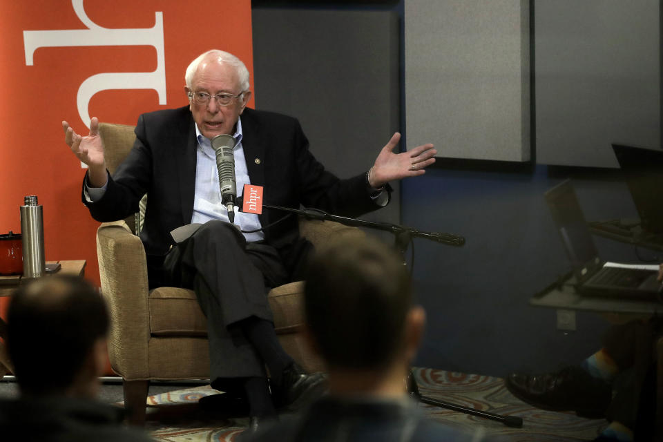 Democratic presidential candidate Sen. Bernie Sanders, I-Vt., speaks during a forum broadcast on radio in a New Hampshire Public Radio station, Sunday, Jan. 19, 2020, in Concord, N.H. (AP Photo/Steven Senne)