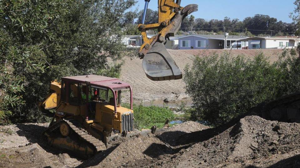 The Arroyo Grande Creek levee gave way this winter, flooding homes and farmland in Oceano. Work is underway to remove 11,000 cubic yards of sediment while retaining habitat, shown on Wednesday, Oct. 11, 2023.