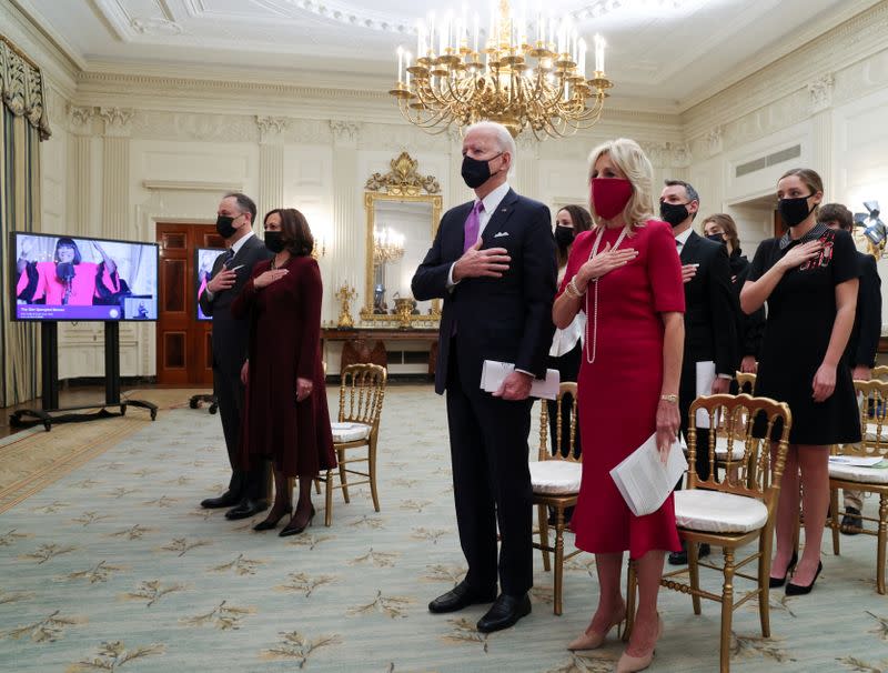 U.S. President Biden participates remotely in a virtual Presidential Inaugural Prayer Service from the White House in Washington