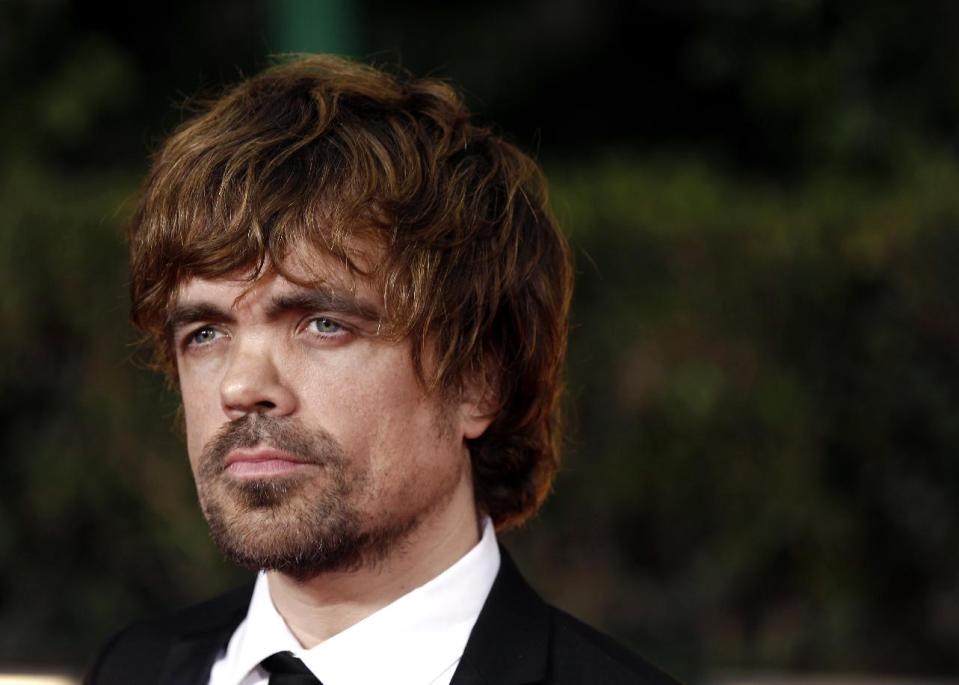 FILE - This Jan. 15, 2012 file photo shows actor Peter Dinklage at the 69th Annual Golden Globe Awards in Los Angeles. Dinklage, 43, who has been a vegetarian since he was 16, is the national spokesman for Farm Sanctuary's annual Walk for Farm Animals. He has filmed a YouTube video and will spend his off season promoting the group's campaign to change the way society views and treats farm animals. (AP Photo/Matt Sayles, file)