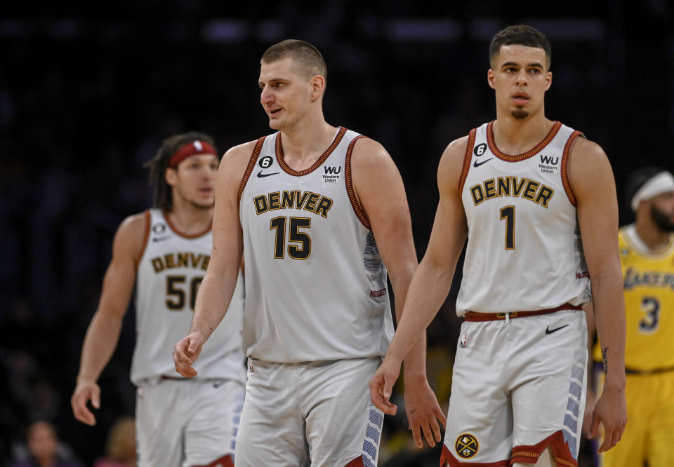 The Denver Nuggets & #39;  Nikola Jokić and Michael Porter Jr. as they sweep the Western Conference Finals in Los Angeles on May 22, 2023. (AAron Ontiveroz/The Denver Post)