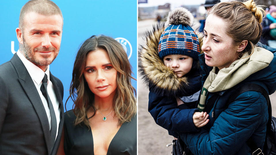 Pictured left is David and Victoria Beckham alongside a photo of a Ukrainian mother and child affected by the war.