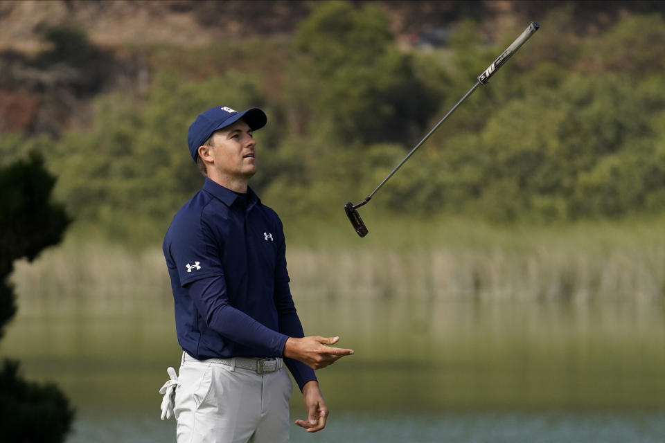 Jordan Spieth reacts after missing a putt on the 17th hole during the first round of the PGA Championship golf tournament at TPC Harding Park Thursday, Aug. 6, 2020, in San Francisco. (AP Photo/Jeff Chiu)