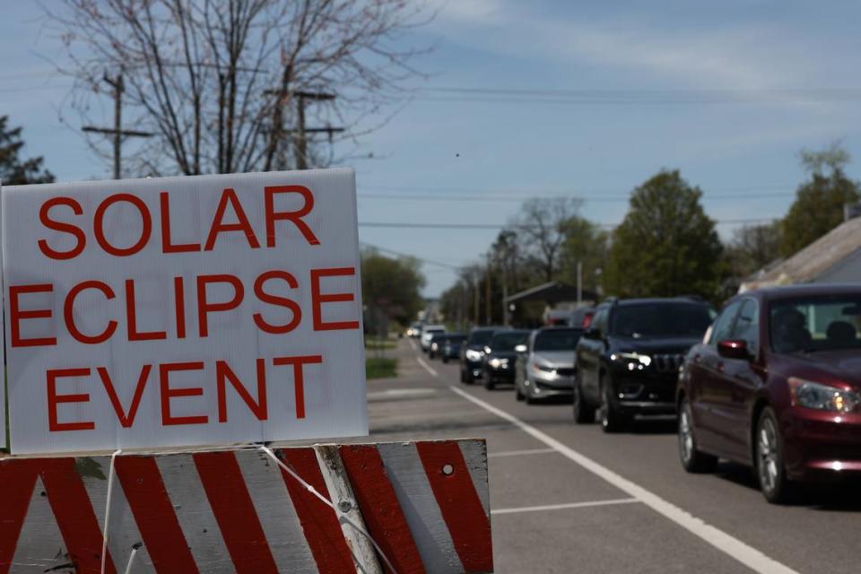 Hundreds of cars stretch down IL-159 in Red Bud, Ill., on April 8, 2024 en route to the path of totality for the solar eclipse.