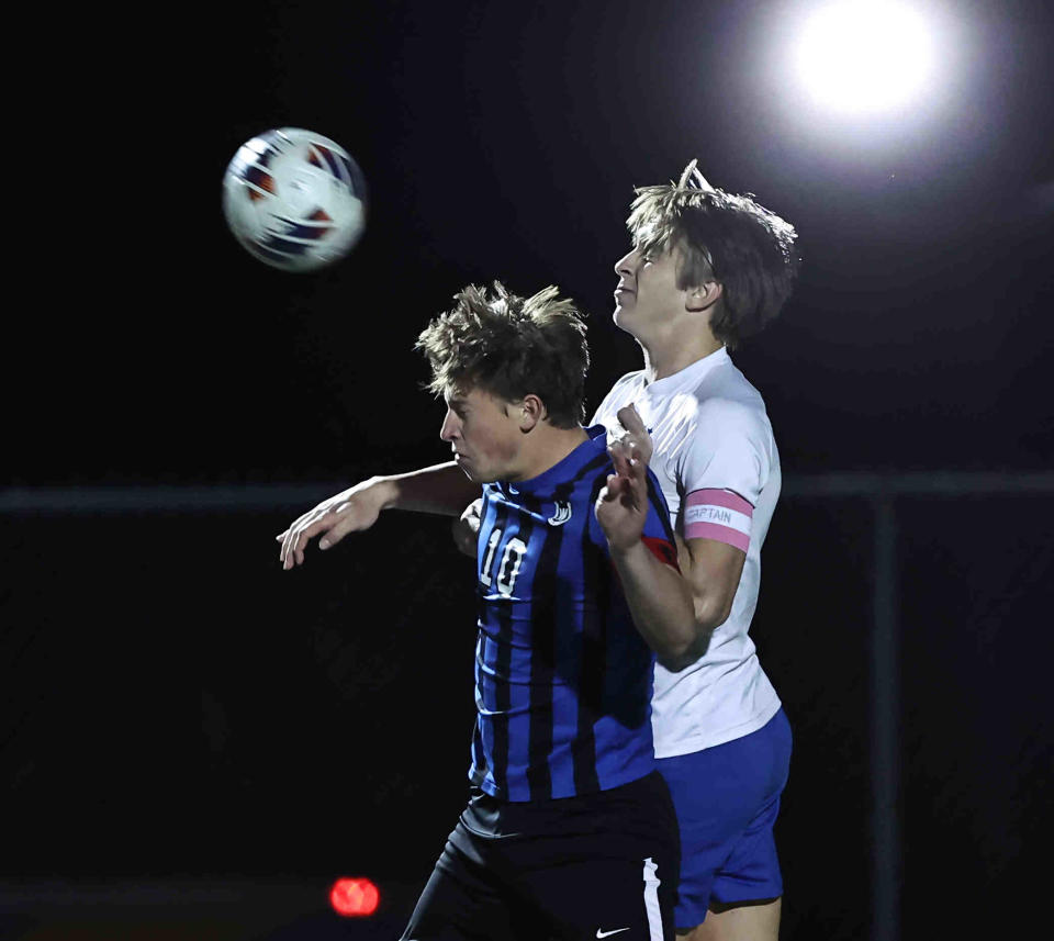 Wyoming's Louie Trentkamp (10) battles Bexley's Grayson Fletcher (8) for the ball during their state semifinal Wednesday, Nov. 9, 2022.