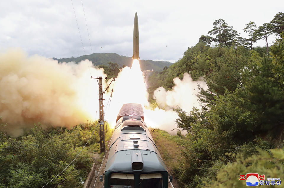 FILE - In this photo provided by the North Korean government shows a missile test firing launched from a train at an undisclosed location of North Korea on Sept. 15, 2021. The content of this image is as provided and cannot be independently verified. Korean language watermark on image as provided by source reads: "KCNA" which is the abbreviation for Korean Central News Agency. (Korean Central News Agency/Korea News Service via AP, File)