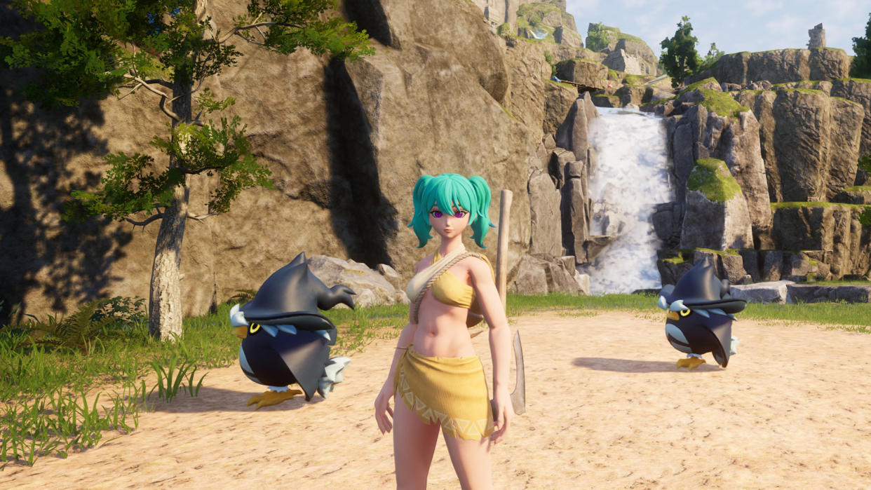  Palworld Type chart - a character with green hair is standing in front of a waterfall with two Pals walking behind her. 