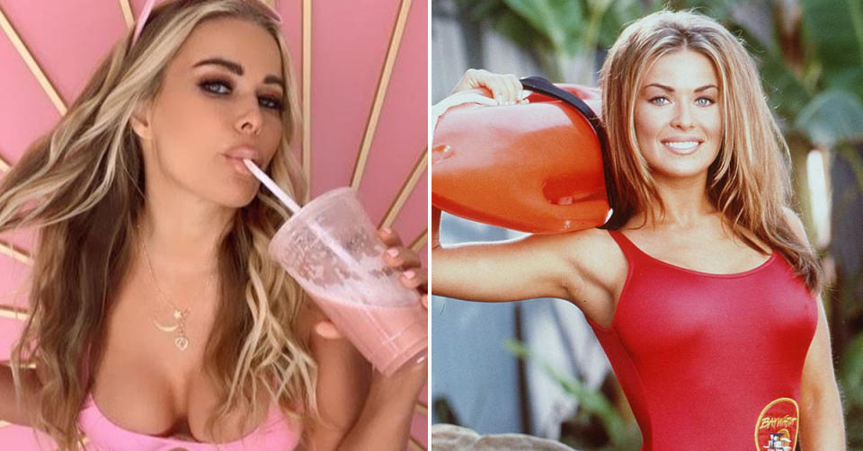 L: Carmen Electra drinking a pink smoothie. R: Carmen Electra in Baywatch.