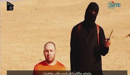 A video purportedly showing U.S. journalist Steven Sotloff kneeling next to a masked Islamic State fighter holding a knife in an unknown location in this still image from video released by Islamic State September 2, 2014. REUTERS/Islamic State via Reuters TV