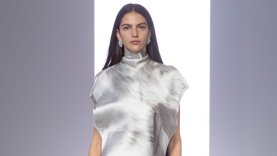 Maxwell told CNN he took inspirations from nature — Aspen pines, leaves, mountains and rock formations, as pictured above on a look he described as his "striations dress." - Monica Feudi/Courtesy Brandon Maxwell