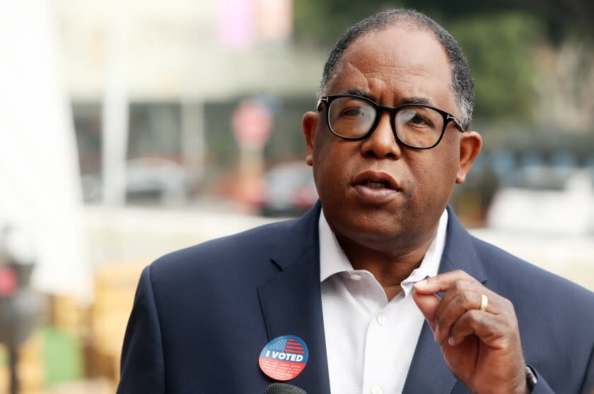 LOS ANGELES, CA - NOVEMBER 03: Los Angeles County Supervisor Mark Ridley-Thomas speaks to the press after casting his vote at Hot and Cool Cafe in Leimert Park on Tuesday, Nov. 3, 2020 in Los Angeles, CA. Mark Ridley-Thomas is running against attorney Grace Yoo for a seat on the Los Angeles City Council that is vacated by Councilman Herb Wesson. (Dania Maxwell / Los Angeles Times)