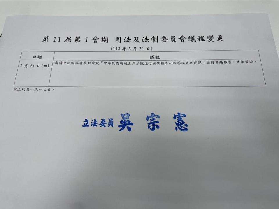 立法院司法及法制委員會原訂周四排審藍白提出的8項國會改革法案，引發爭議，司委會今臨時更改議程，將邀請立法院秘書長列席就「中華民國總統至立法院進行國情報告及詢答模式之建議」進行專案報告。（蔡雯如攝）