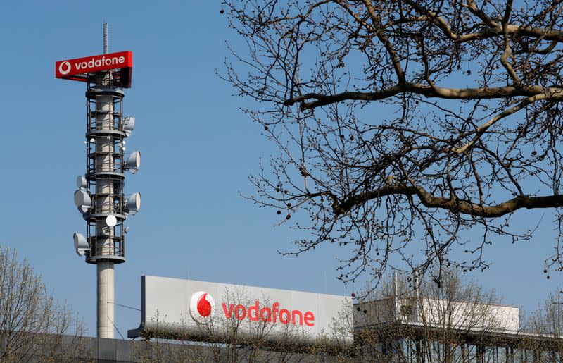 FILE PHOTO: Different types of 4G, 5G and data radio relay antennas for mobile phone networks are pictured on a relay mast operated by Vodafone in Berlin