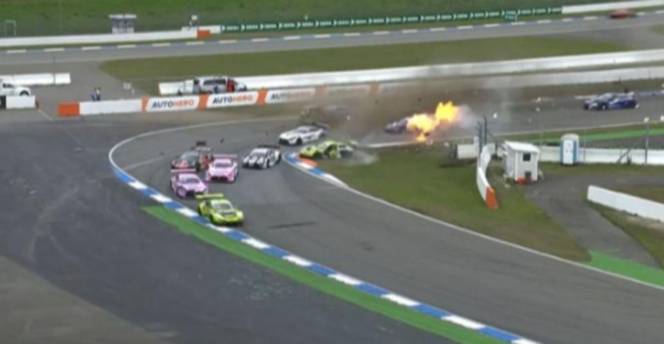 The collision triggered chaos which included Dennis Olsen’s car breifly igniting into a fireball (Motorsport.com)