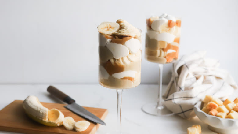 Two banana butterscotch mini trifles