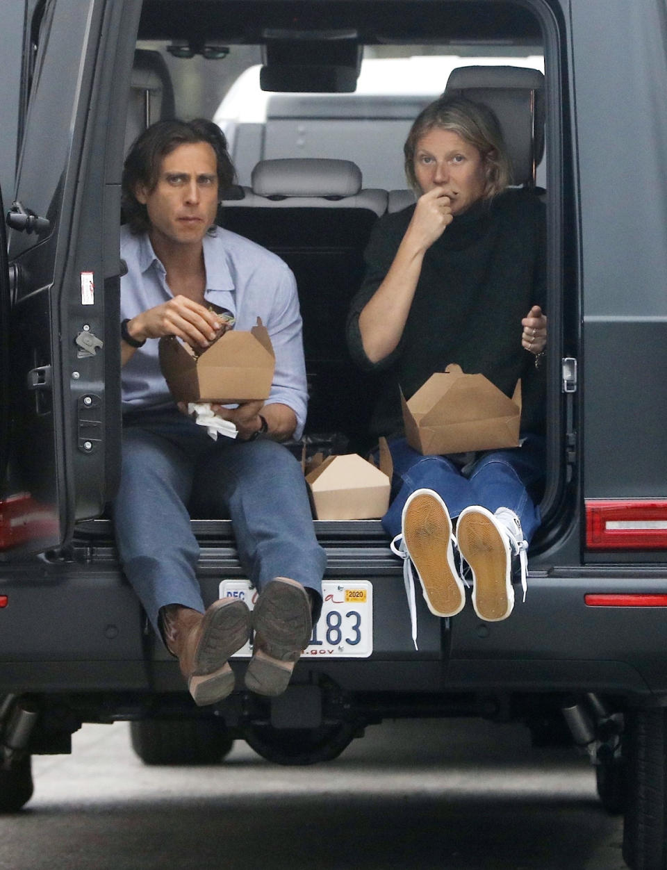 <p>Gwyneth Paltrow and Brad Falchuk enjoy take-out in their trunk on Friday in Santa Monica. </p>