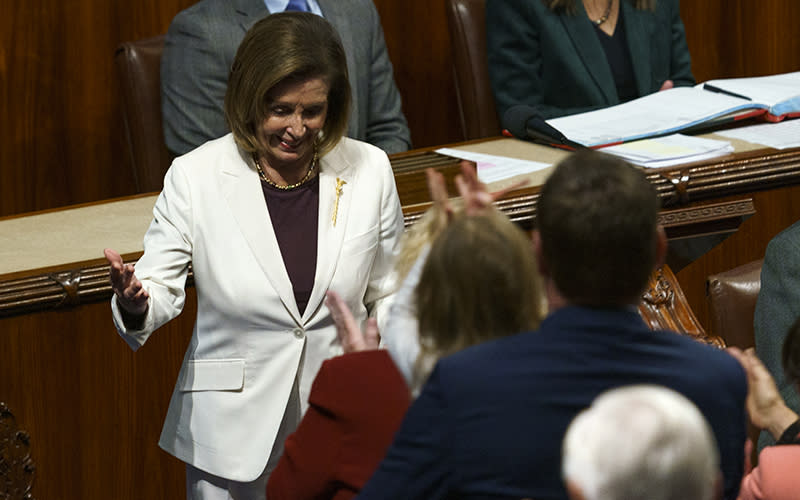 Speaker Nancy Pelosi (D-Calif.) finishes addressing members of the House to announce that she’s stepping down from leadership