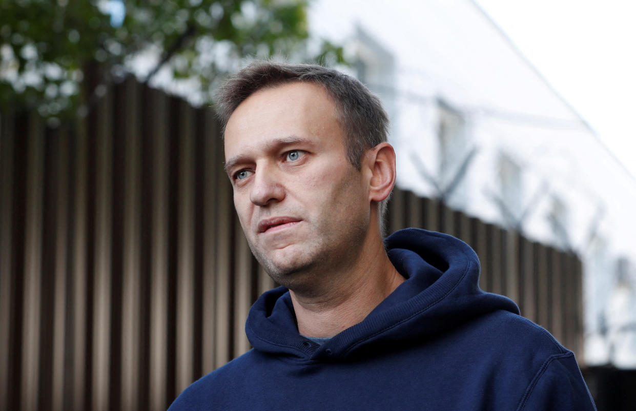 FILE PHOTO: Russian opposition leader Alexei Navalny speaks with journalists after he was released from a detention centre in Moscow, Russia August 23, 2019. REUTERS/Evgenia Novozhenina/File Photo