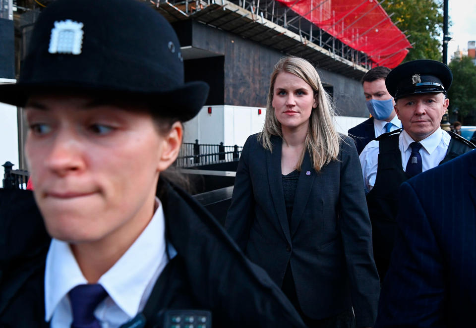 Haugen leaves the Houses of Parliament in London on Oct. 25 after giving evidence to U.K. lawmakers.<span class="copyright">Facundo Arrizabalaga—EPA/EFE/Shutterstock</span>