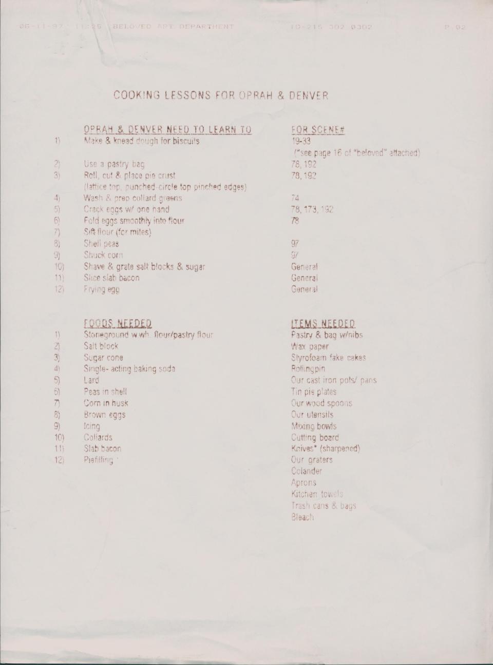 Details of Oprah Winfrey's 1997 cooking lesson at Greenville's Hagley Museum & Library for the film "Beloved."