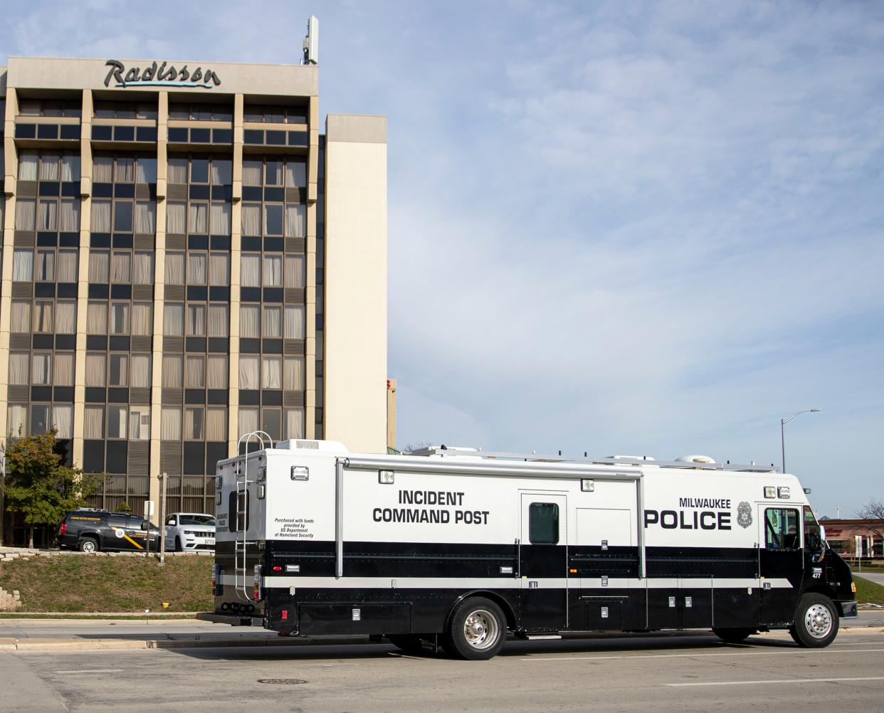 The Milwaukee Police Incident Command Post arrives at the  Radisson Hotel. in Wauwatosa, Wis. on Sunday, Nov. 7, 2021.