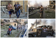 FILE - This combo of file photos taken Aug. 4, 2020, shows Sedra Kinno, top left, and her sister Hoda, top right, being carried by relatives in the aftermath of the massive explosion at the Beirut port on Aug. 4, in Beirut, Lebanon. At bottom left Sedra Kinno, and her sister Hoda, 11, are evacuated by relatives. At bottom right, Hoda is evacuated with other injured people by a Lebanese army vehicle. Sedra, 15, died in the explosion, while Hoda survived with a broken neck and other injuries. (AP Photo/Hassan Ammar)