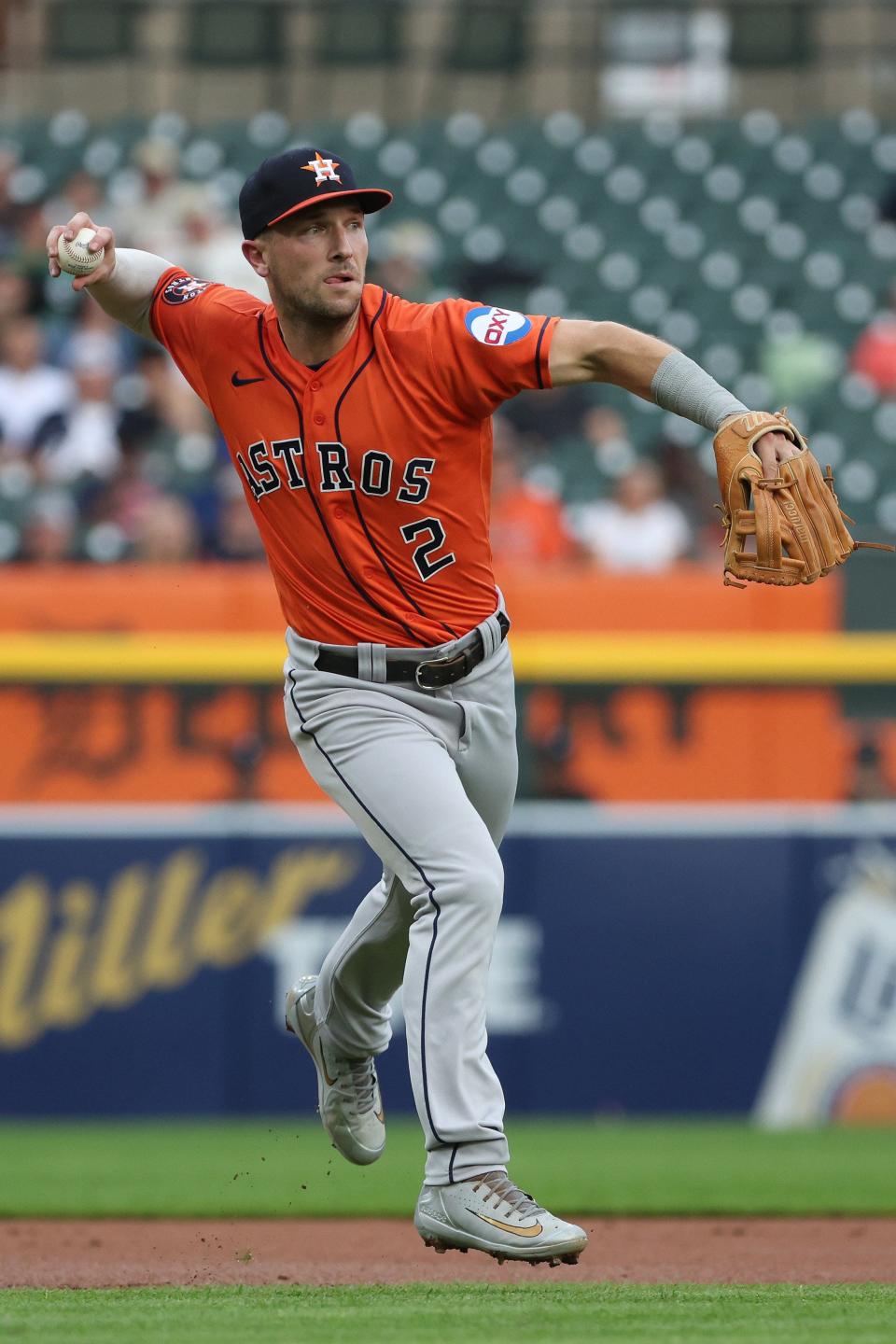 Houston Astros third baseman Alex Bregman makes a throw to first base in the first inning vs. the Detroit Tigers at Comerica Park on August 25, 2023.