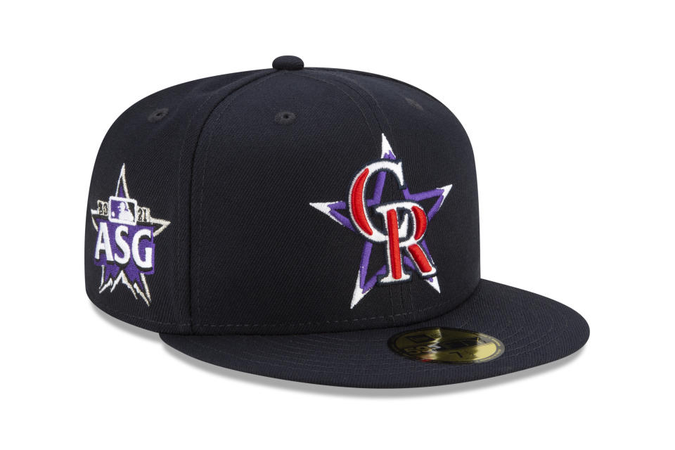 This handout provided by Major League Baseball shows the 2021 All-Star cap unveiled Thursday, June 24, 2021, that will be used for the July 13 game at Denver's Coors Field. (MLB via AP)