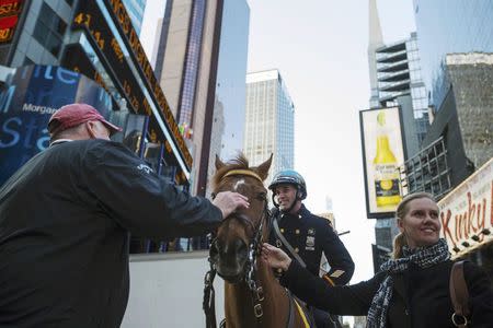 Pedestrians pet the horse of a New York Police Department officer as he stands in the Times Square district of New York during an increase in security following fatal explosions in Boston, in this April 15, 2013, file photo. REUTERS/Lucas Jackson/Files