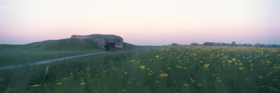 What was a German defense bunker during the June 6, 1944 D Day landings is seen over a field of Rapeseed, at dawn on May 14, 2019 in Longues-sur-Mer, France. (Photo: Dan Kitwood/Getty Images)
