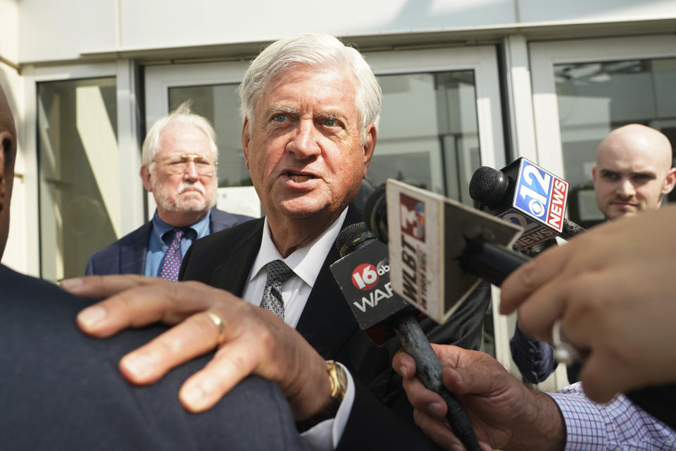 Mississippi Supreme Court Chief Justice Mike Randolph says he has "No comment," as he exits the Thad Cochran United States Courthouse in Jackson, Miss., Monday, May 22, 2023, following a day in federal court where a judge heard arguments about a Mississippi law that would create a court system with judges who would be appointed rather than elected. (AP Photo/Rogelio V. Solis)