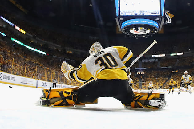 NASHVILLE, TN – JUNE 03: Matt Murray #30 of the Pittsburgh Penguins tends goal during the first period against the Nashville Predators in Game Three of the 2017 NHL Stanley Cup Final at the Bridgestone Arena on June 3, 2017 in Nashville, Tennessee. (Photo by Bruce Bennett/Getty Images)