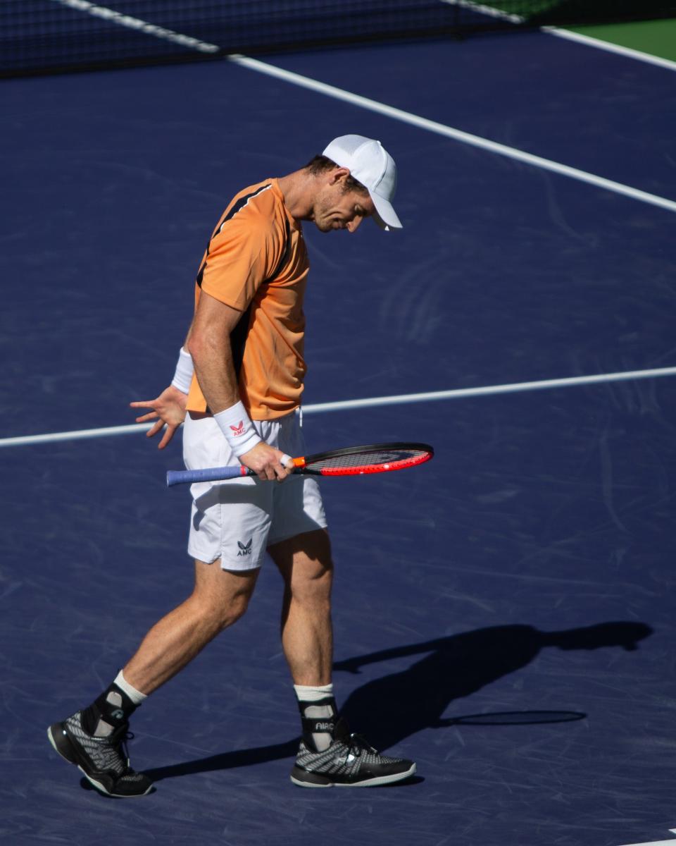 Andy Murray reacts after losing a set against Andrey Rublev during the BNP Paribas Open at Indian Wells Tennis Garden in Indian Wells, California, on March 8, 2024.