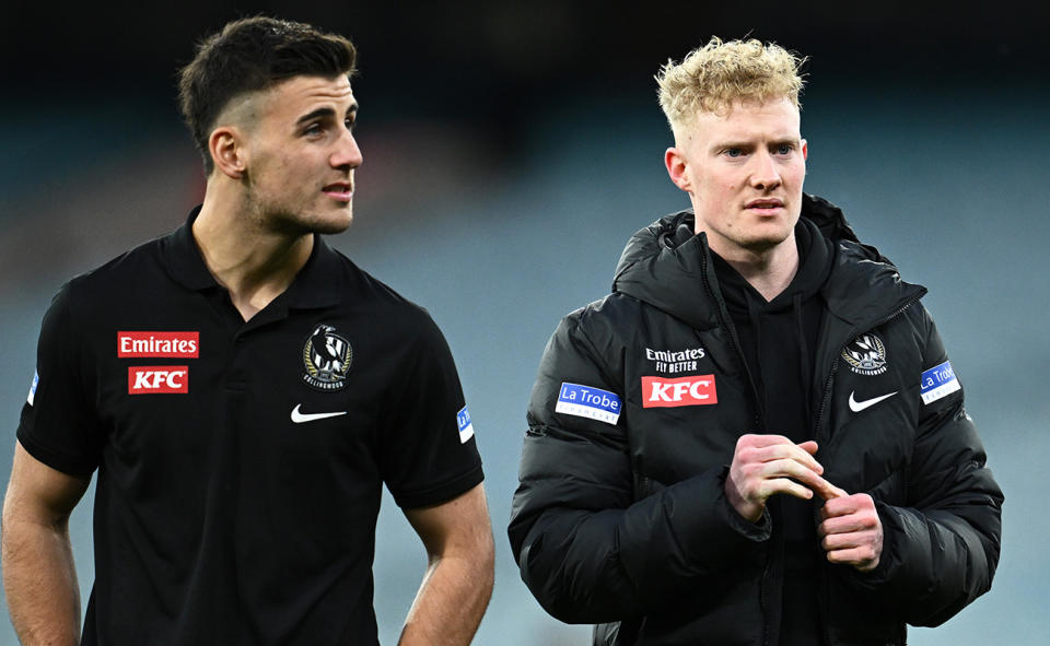 Nick Diacos and John Noble, pictured here before Collingwood's clash with Melbourne.