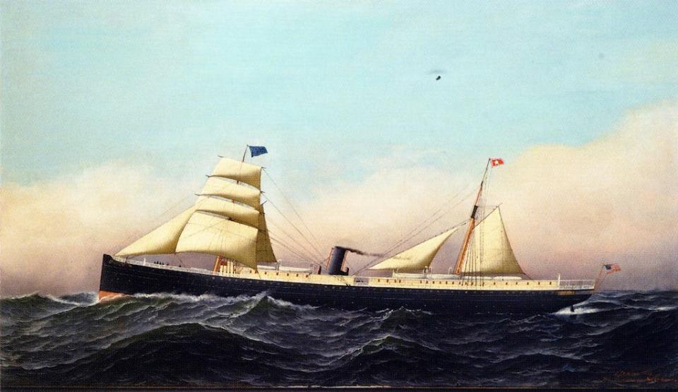 This image shows a brigantine steam vessel – a hybrid boat powered by both the wind and steam that was popular for transport and shipping beginning in the mid-19th century. Boat builder Asa Keating built a version of it named the Mohegan in Monroe in 1847.