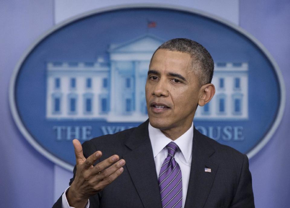 President Barack Obama speaks in the briefing room of the White House in Washington, Thursday, April 17, 2014. The president spoke about health care overhaul and the situation in Ukraine. (AP Photo/Carolyn Kaster)