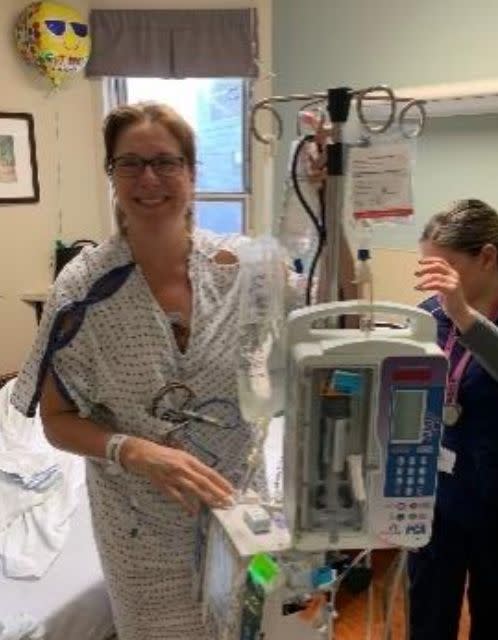 The author recovers from emergency abdominal surgery in 2019. She has had dozens of surgical procedures in the years since the accident. (Photo: Courtesy of Geralyn Ritter)
