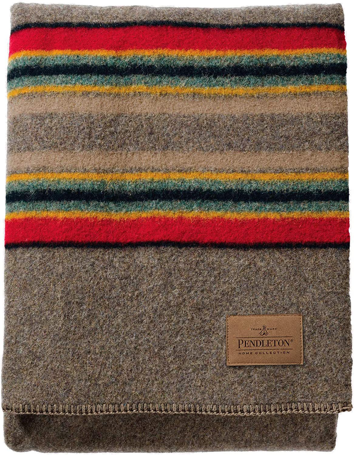 Pendleton Yakima Camp Thick Warm Wool Indoor Outdoor Striped Throw Blanket, Mineral Umber