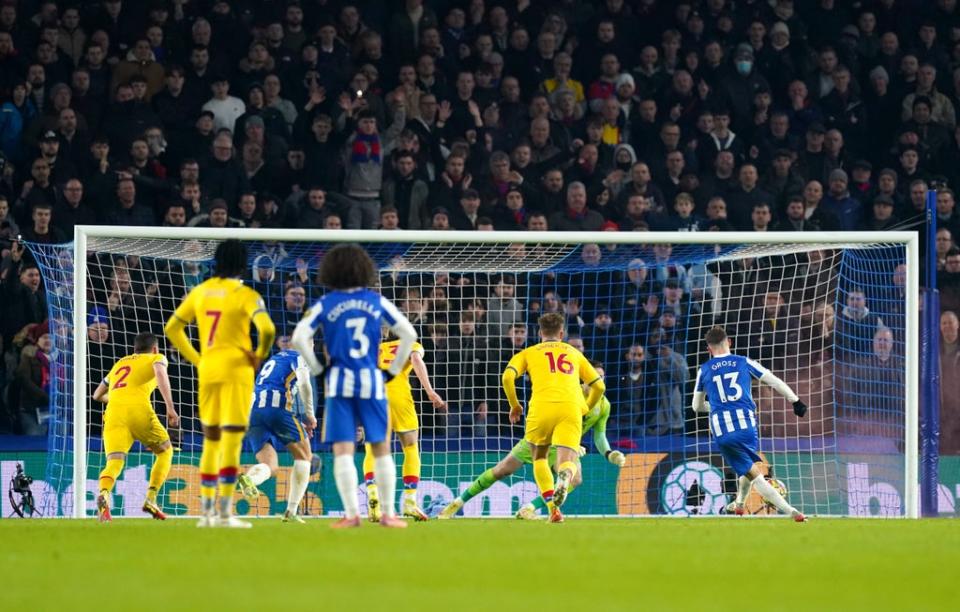 Pascal Gross sees his penalty saved by Crystal Palace goalkeeper Jack Butland (Gareth Fuller/PA) (PA Wire)