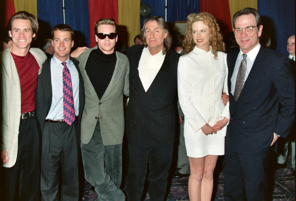 Jim Carrey, Chris O'Donnell, Val Kilmer, Joel Schumacher, Nicole Kidman and Tommy Lee Jones (Photo by Jeff Kravitz/FilmMagic, Inc)