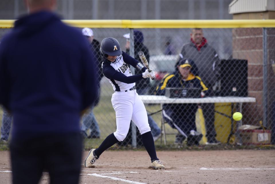 Algonac's Deanna Delange hits the ball during a game earlier this season. Delange drove in the tying and winning runs on a single in the seventh inning of the Muskrats' 5-4 victory over Grass Lake in a Division 3 state quarterfinal on Tuesday.